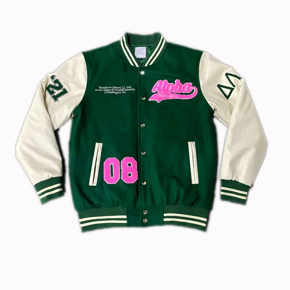 Wholesale blank plain vintage wool baseball jacket leather sleeves custom pink green Letterman varsity jackets for men