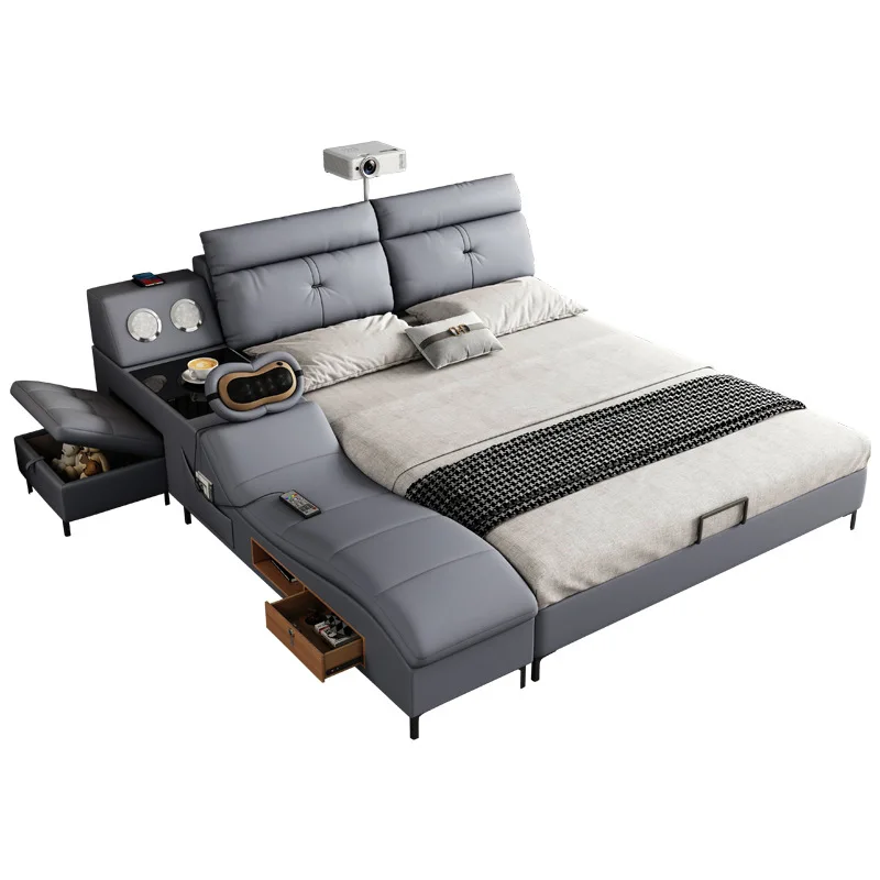 Modern Simple Light Luxury Smart Massage Tatami Bed Multifunctional King Size Leather Bed With Projector And Locker