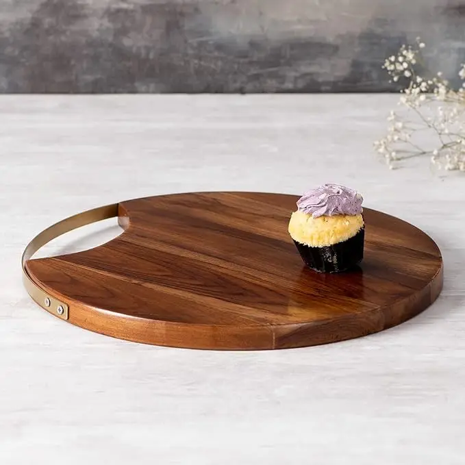 Wooden Platter Serving Plate Sizzler for Snacks Round Platters for Snacks Serving Plates Wooden Tray with Gold Iron Handle