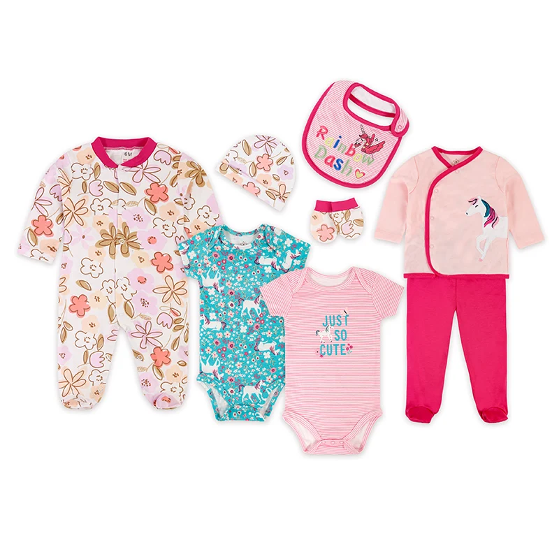 8 Pieces Comfortable Baby clothes Sets with bodysuit & sleepsuit & bib &hat & Baby kimono & booties and pant baby clothing set