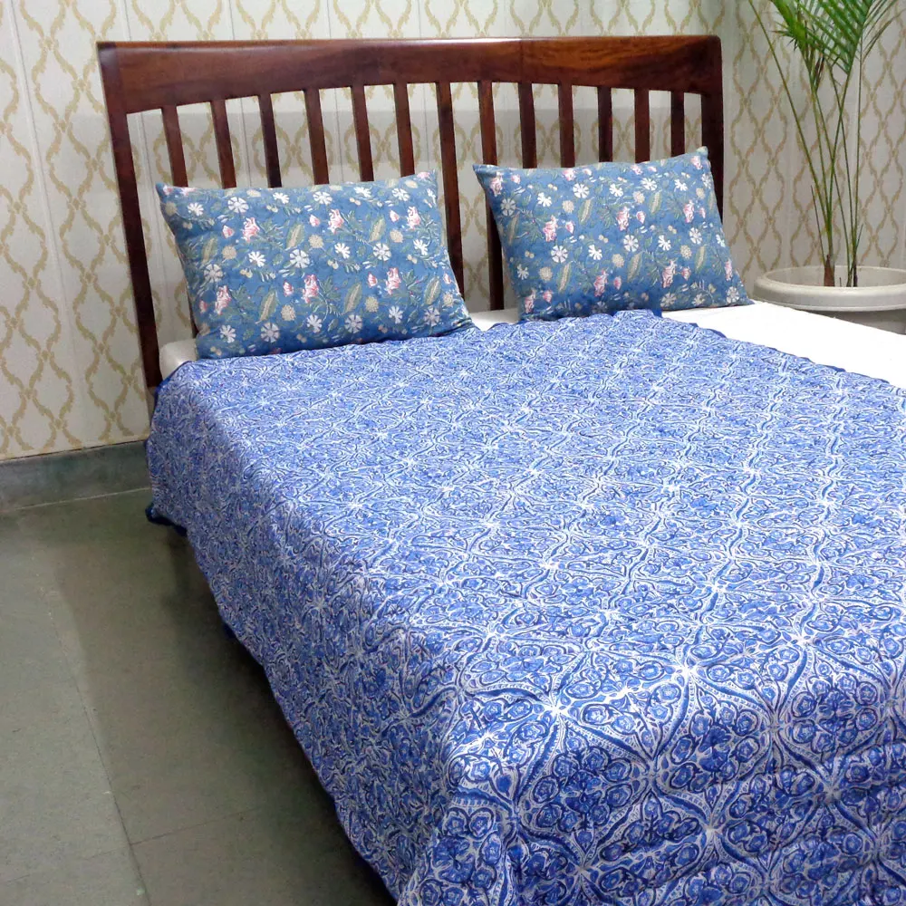 Cotton Quilted Bedspread 100% Pure Cotton Filling Traditional Woodblock Style Hand Block Printed Cotton Twin Size Quilt