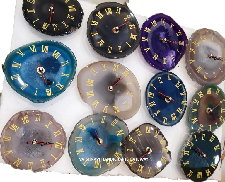 Assorted Design And Shape Indian Gemstone Color Full Agate Decoration Clock, Natural Agate Watch For Gifting