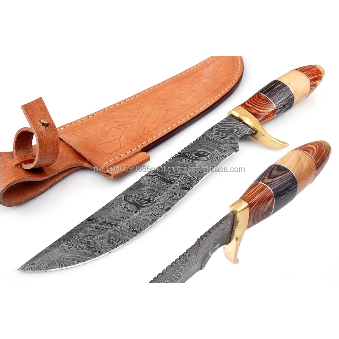 Handmade Damascus Bowie Hunting Knife with Walnut Wood/Exotic Wood/Bone Handle and Leather Sheath Model MT-HK-00134