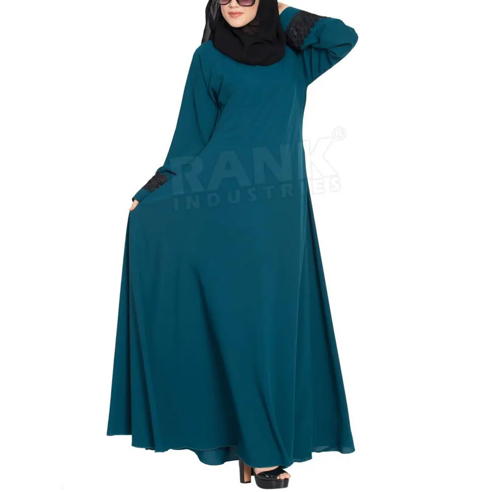 High Quality Women Muslim Wear Zink Blue Abaya Embroidery Cuff Full Sleeves Women Lose Plus Size Abaya