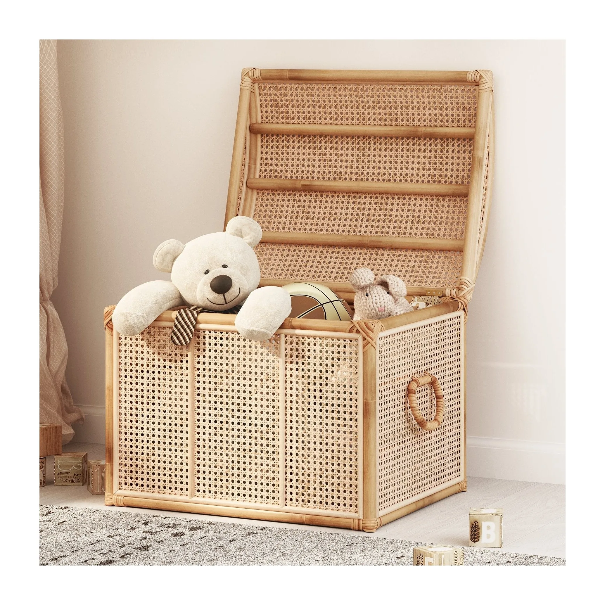 Rectangular sturdy rattan trunk chest toy container basket with lid for young kids toys and clothes storage