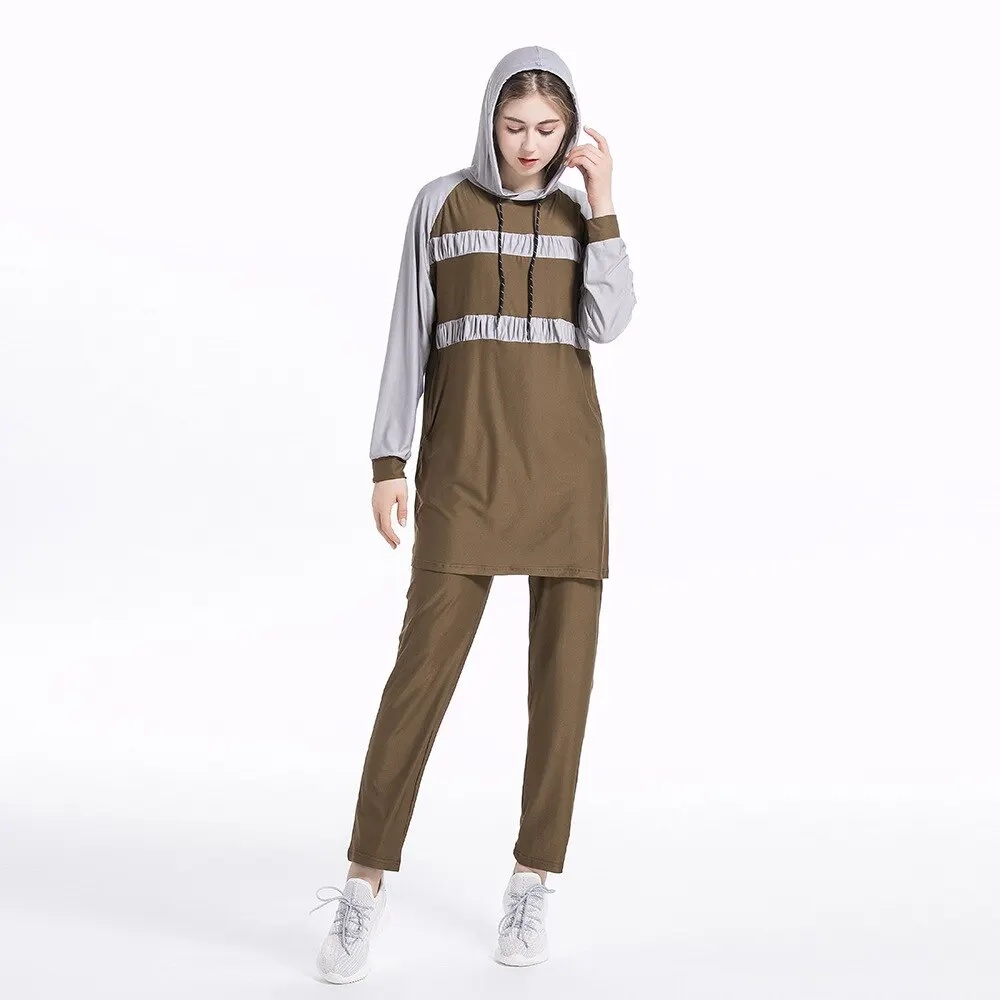 2 piece Block Stripe Casual Arabic Islamic Women Outfit Muslim Hoodie Top Long Pant Sweatsuit Tracksuit Sport wear