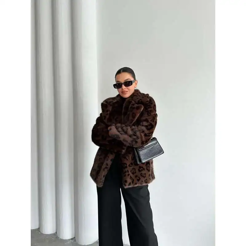 Brown Lion Leopard Pattern Fur Coat