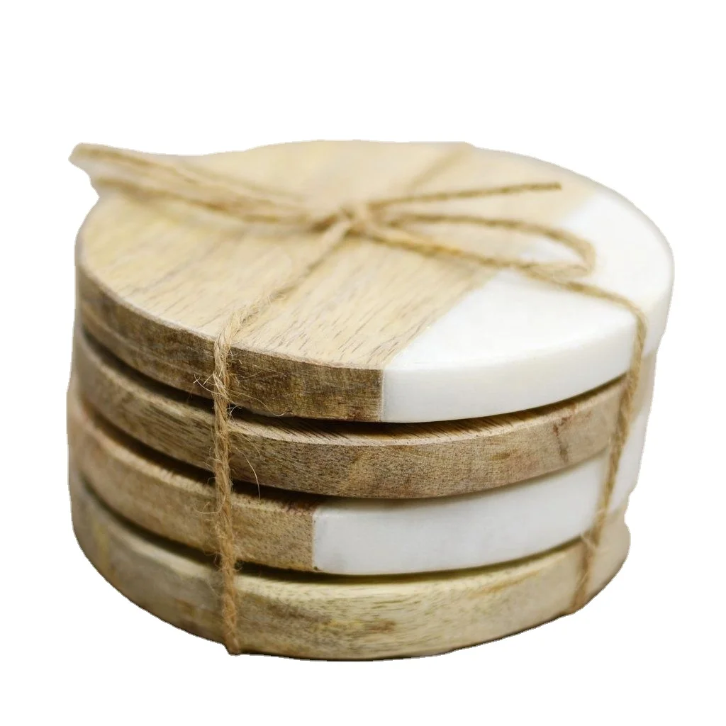 Wholesale Natural Round Square Hexagon White Marble Acacia Wood Coasters For Drinks coasters