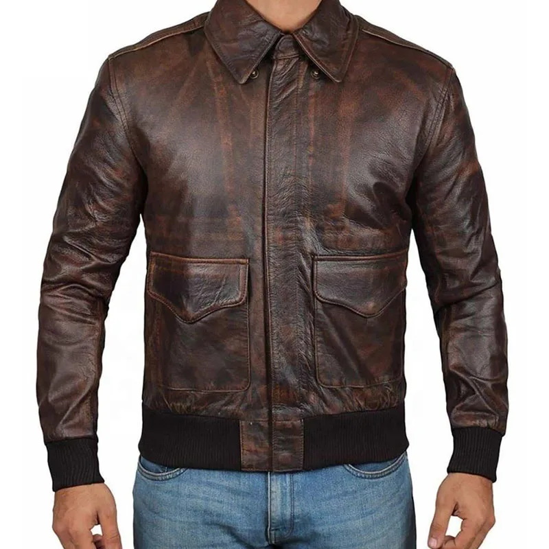 2024 Top Quality Bomber Dark Brown Waxed Fashion Leather Jacket Handmade Genuine Leather Jacket For Men