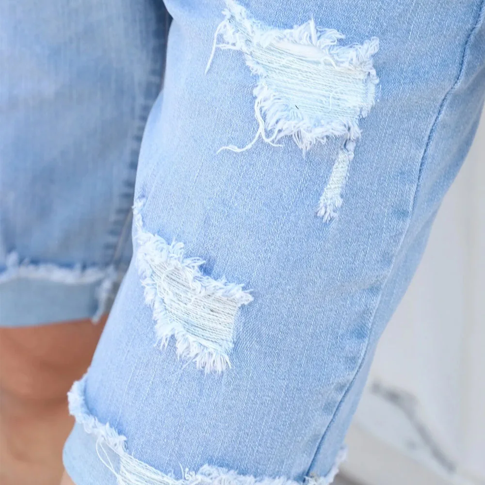 2022 High Quality Men Denim Shorts  / Custom Logo Men Denim Shorts / Men Ripped Frayed Raw Trim Bleach Wash Denim Shorts