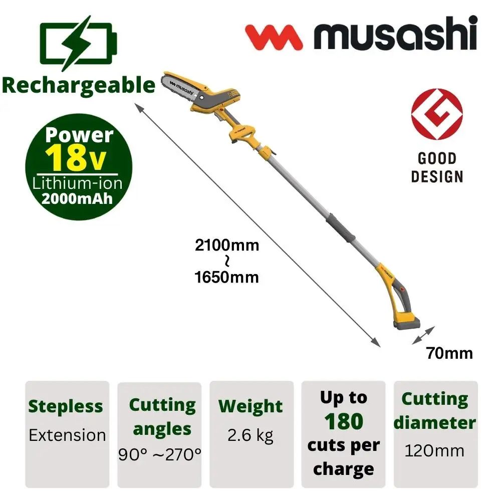 Musashi Mini Chainsaw DC 18V Pole Saw 2.2 Meters Light Weight Rechargeable Battery lithium chainsaw