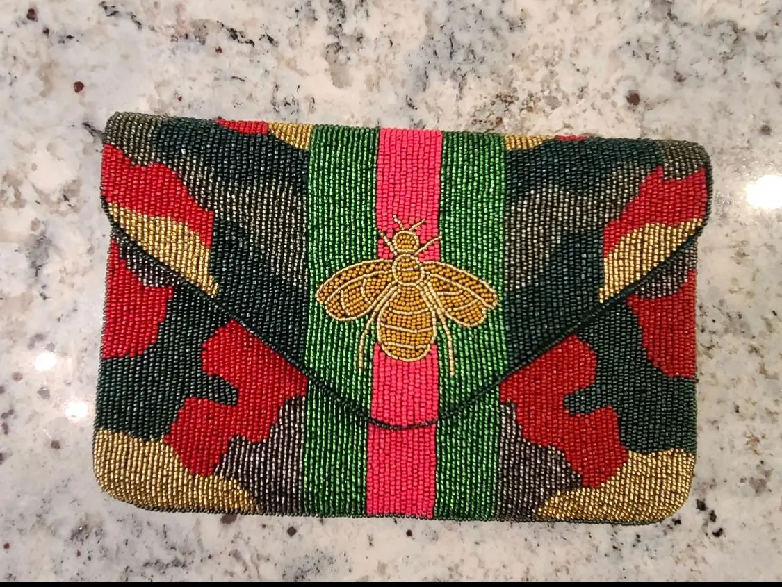 Camo Queen Beaded Envelope Clutch Pink And Green Stripes