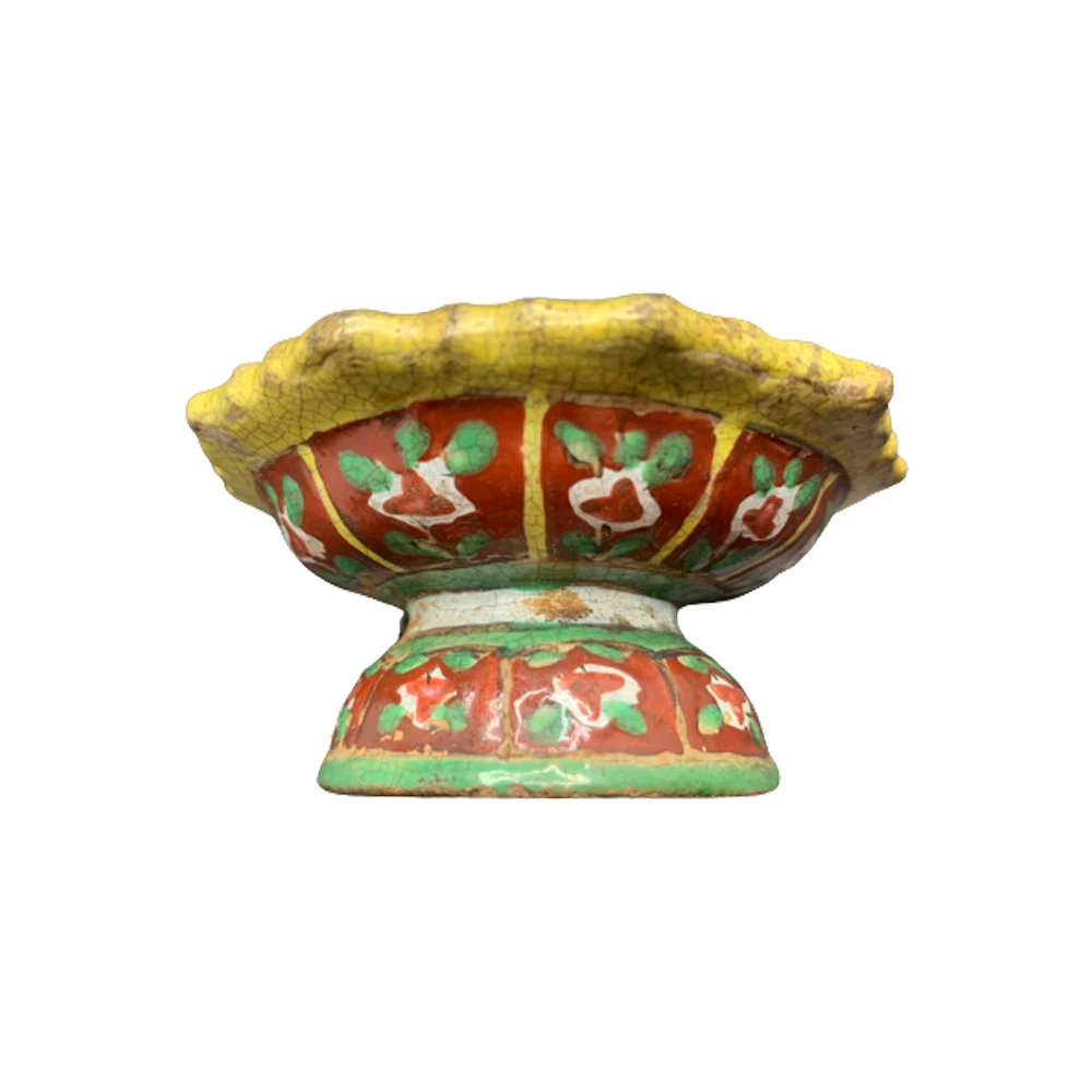 Antique Ceramic Stem Dish Design Within Lotus Petal Shape Panels On Red Background porcelain For Colloectible