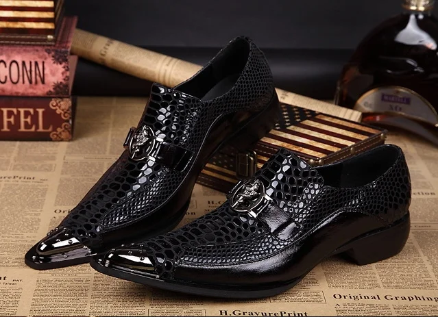 Black Prom Party Leather Dress Flats Metal Pointed Toe Leather Shoes Dress Men Shoes Genuine Leather Mens Dress Shoe