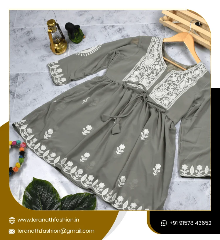 Full Sleeve Gown With Dupatta Set in Chikan Work Designer Kurti Indian Ethnic Wear Women Kurtis