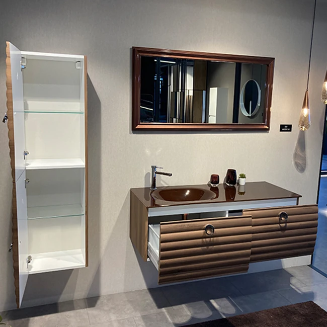 Anzer 120 Walnut Modular Bathroom Furniture Set with Coffee Glass Vanity and Eco-Framed Mirror