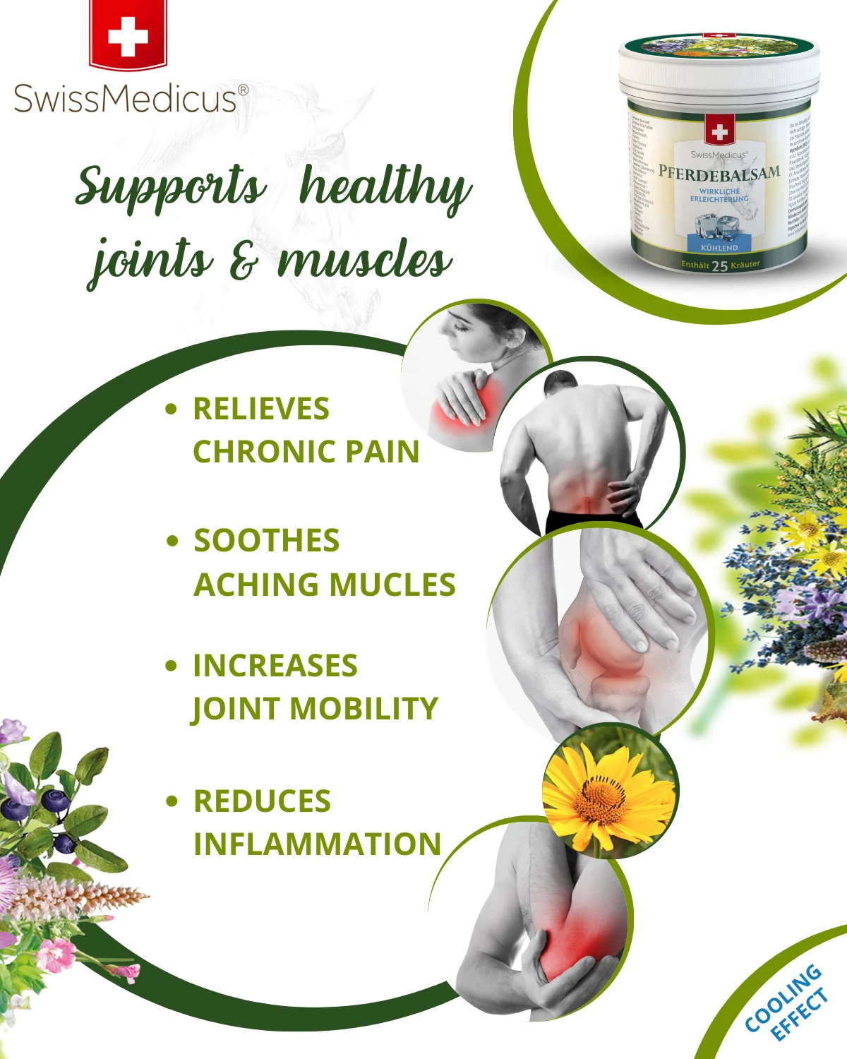 SwissMedicus Pferdebalsam cooling relief for heavy legs, Swiss quality, Pain relief cream, Cooling horse chestnut cream, 250 ml