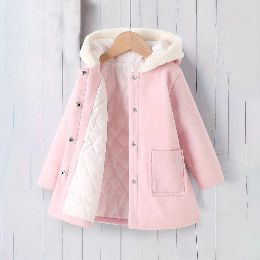 2024 Girls Dress Coat Contrast Hooded Pockets Long Sleeve Girls Coat For Winter Spring