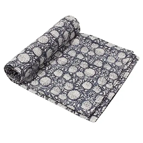 Handmade kantha quilt gray leaf print quilt Indian boho vintage quilt bedspread for sale