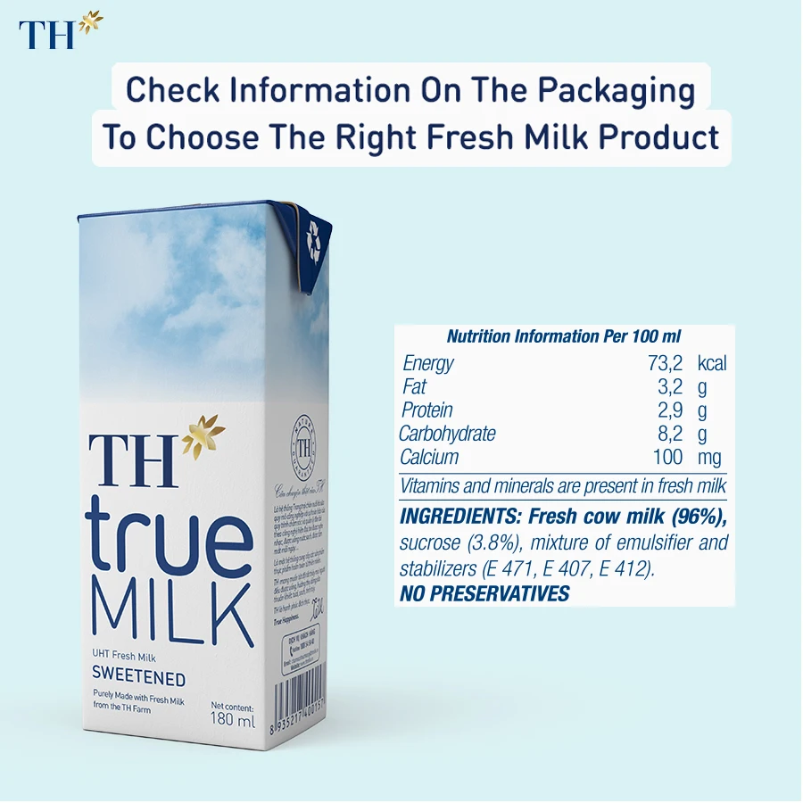 TH True Milk UHT Sweetened Fresh Milk 180ml Pure Sterilized High Quality Dairy Products Organic Whole Milk
