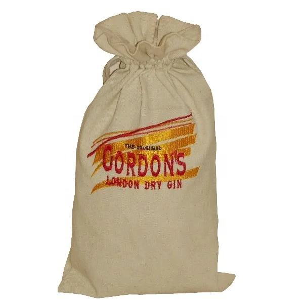 Customized Design OEM Embroidery Logo Design High Quality Natural Canvas Drawstring Wine Cotton Bag