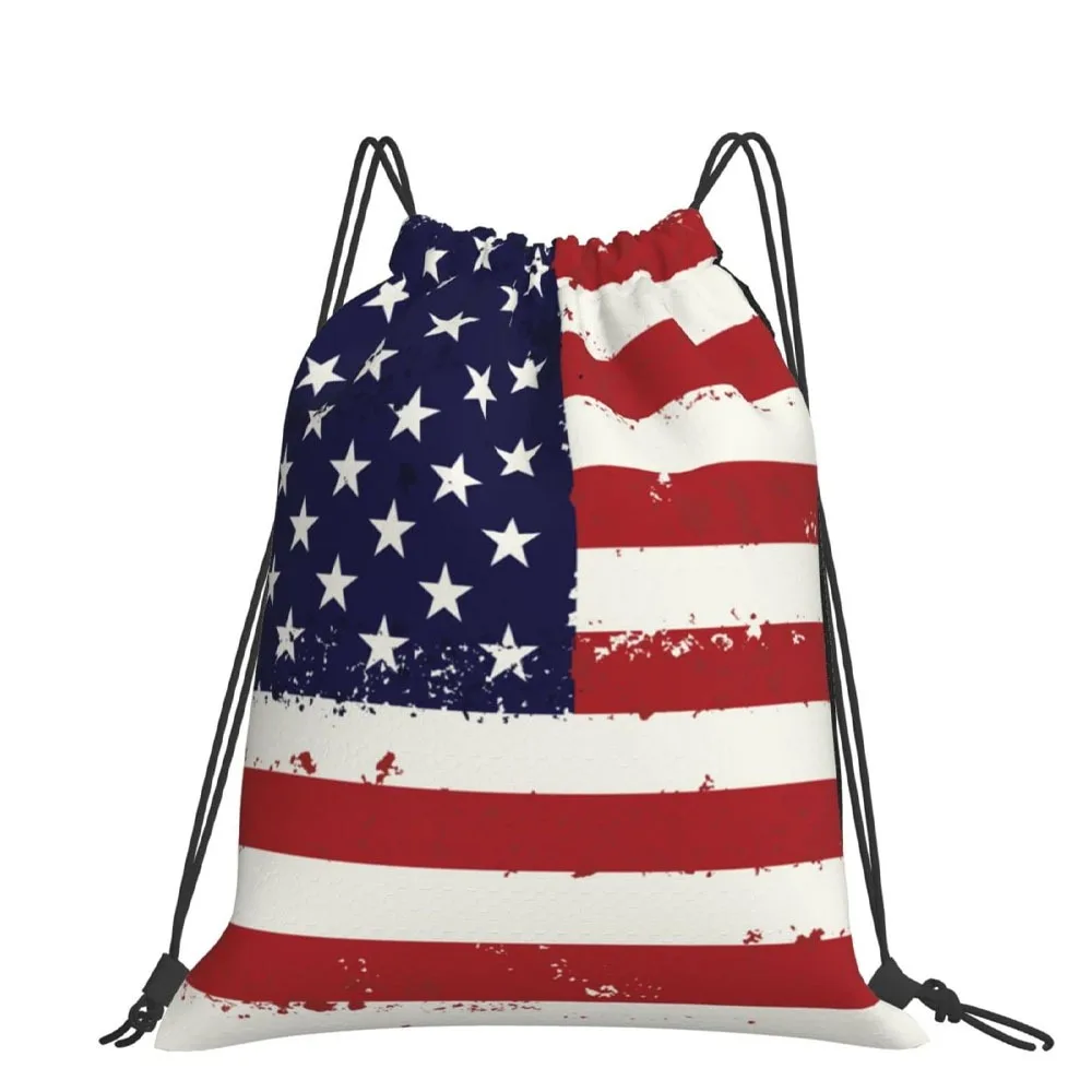 Top Quality Sublimated 100% Polyester USA Flag Drawstring Cord Backpacks Custom Design Travelling Backpacks