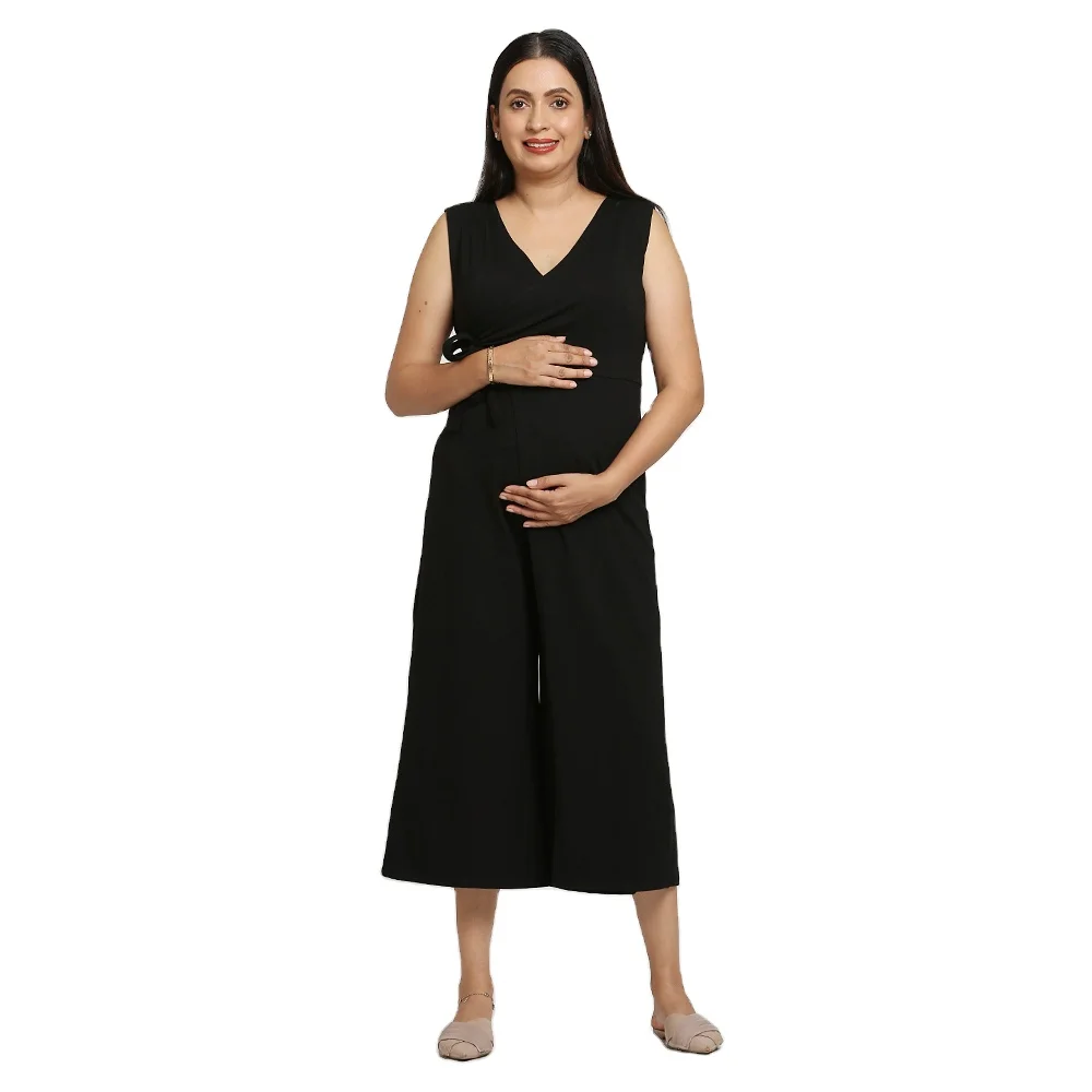Beautiful Black Colour Maternity Dress Wrap Jump Suit with V-neck Design Casual Wear Fashionable Style Dresses for Women