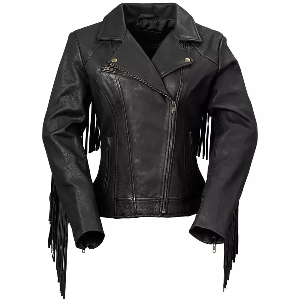 New Custom Fashion Wholesale Women Smooth Motorcycle Top Quality Stylish Leather Jackets Ladies Fringed Leather Jacket