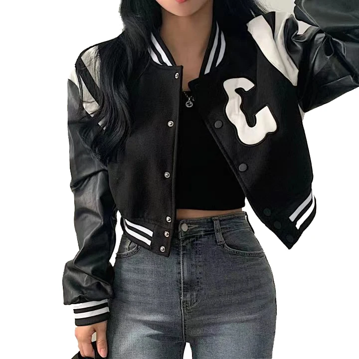 2024 Autumn Cropped Bomber Jacket Women Vintage Korean Fashion Oversized Gothic Style Baseball Denim Jacket Streetwear
