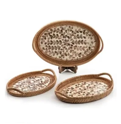 Premium MOP Serving Trays with Unique Jute Sides Modern Luxury Design with Decorative Handles for Christmas Table Top Serving