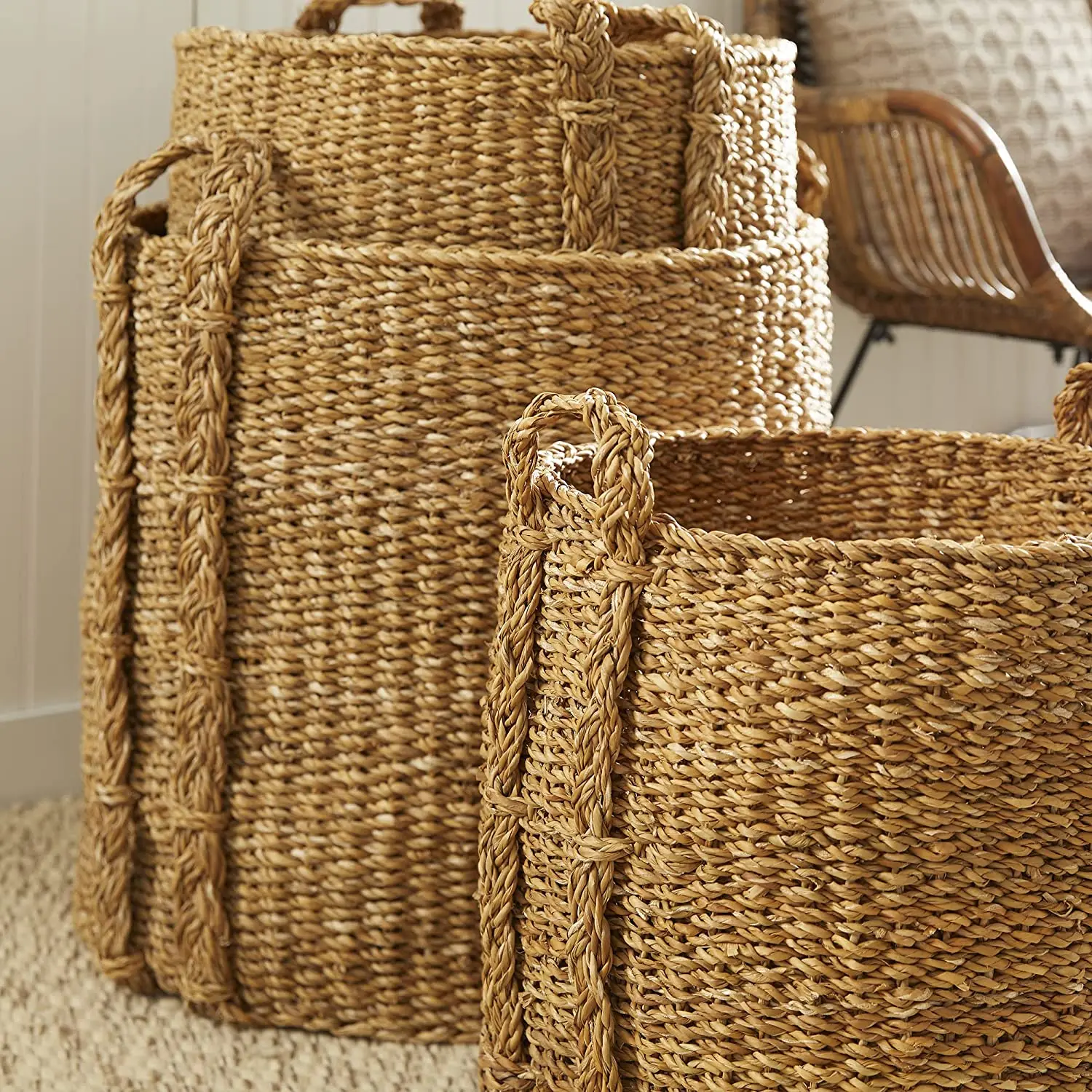 HOME Set of 3 Round Woven Sea Grass Storage Baskets Large Natural Handles Laundry Baskets Cat tail Basket