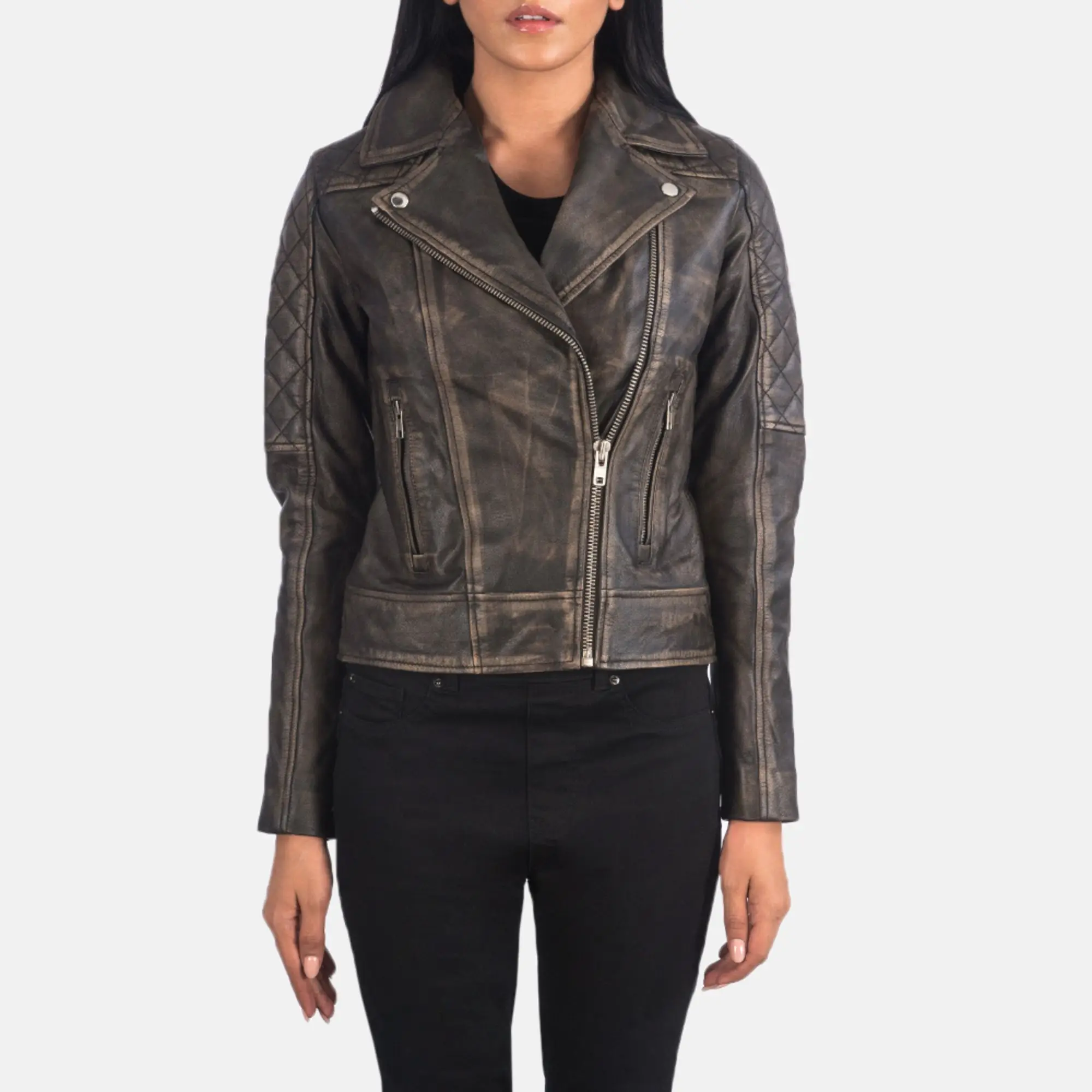 Real Leather Sheepskin Aniline Zipper Carolyn Quilted Distressed Brown Women Biker Jacket with Quilted Viscose Lining and Inside