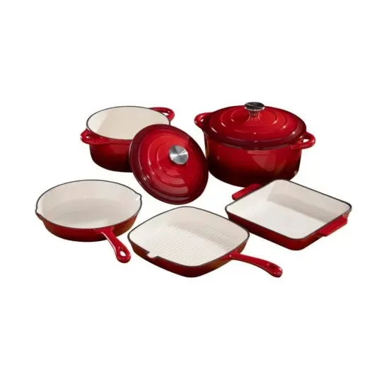 7PCS Enameled Cast Iron Cookware Set Cast Iron Dutch Oven with Lid Skillet Pan and Seafood Shallow Casserole Pot Kitchenware Set