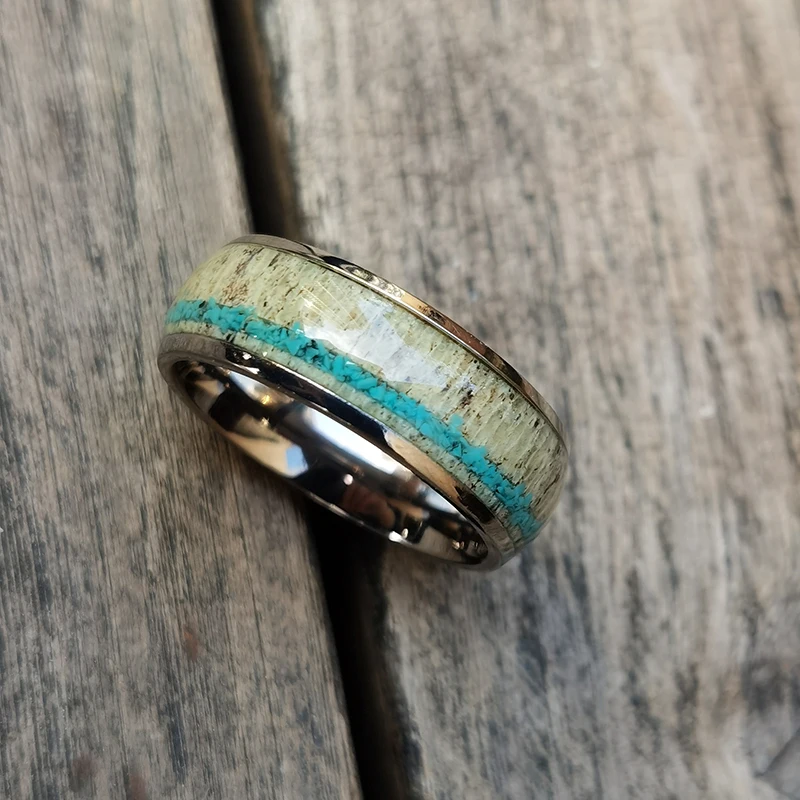 mens Jewelry rings Turquoise Man Ring Manufacturer Custom Stainless Steel Titanium Black zirconium Inlaid antlers classic men