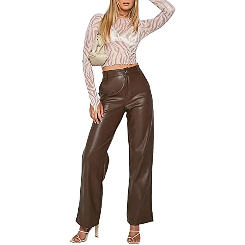 Girls Loose Style Trousers with Pockets Brown High Waist Straight-Leg Pants Pencil Faux Leather High Waist Trousers