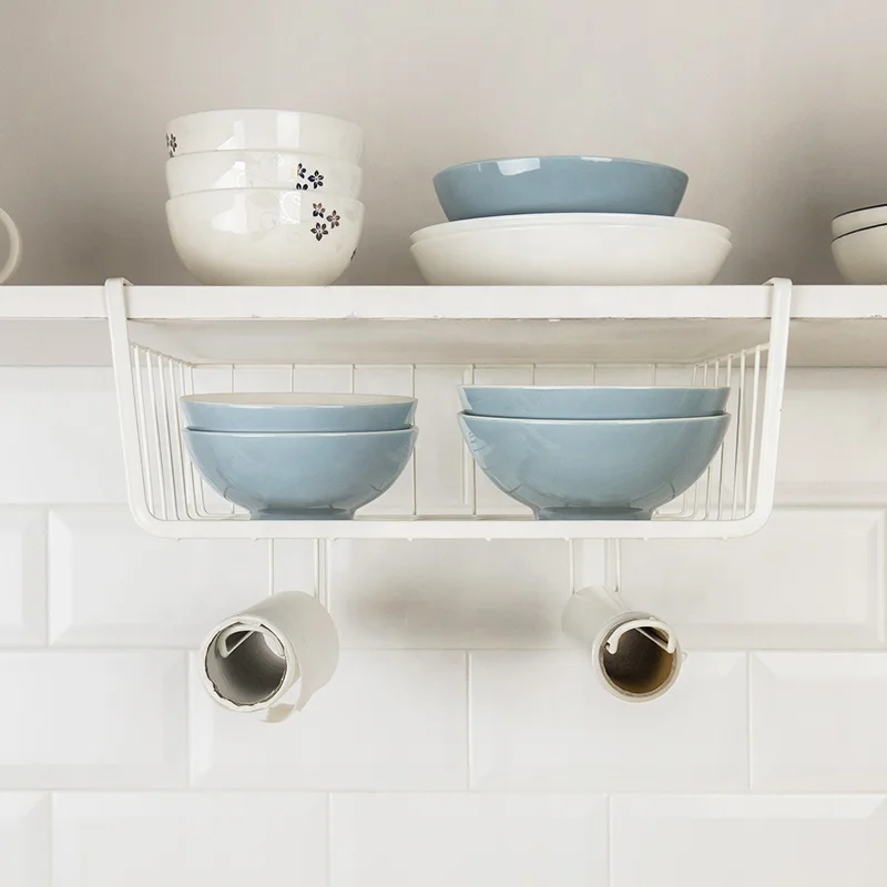 Hot Selling Kitchen Cabinet Wire Hanging Basket Storage Holders & Racks Under Cabinet Organizer Shelf with Hooks