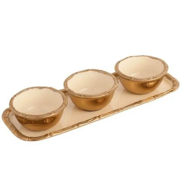 Alf Vine Tray Bowl Set in Ivory Enamel Gold