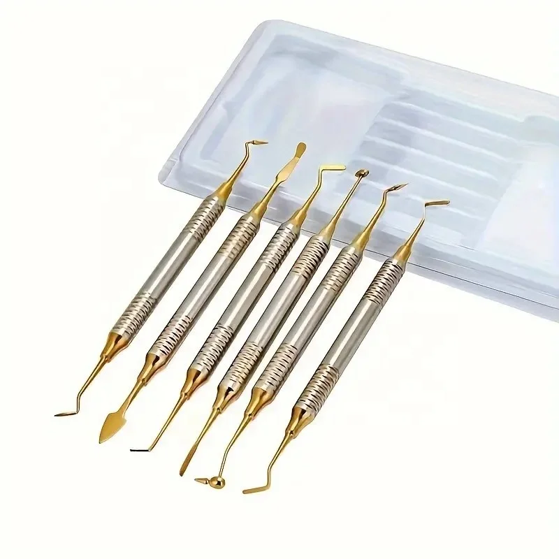Dental Composite Resin Filled Spatula 6 PCS/Kit Titanium Plated Tip 17.58cm Resin Filled Restorative Tools Instruments by Canleo