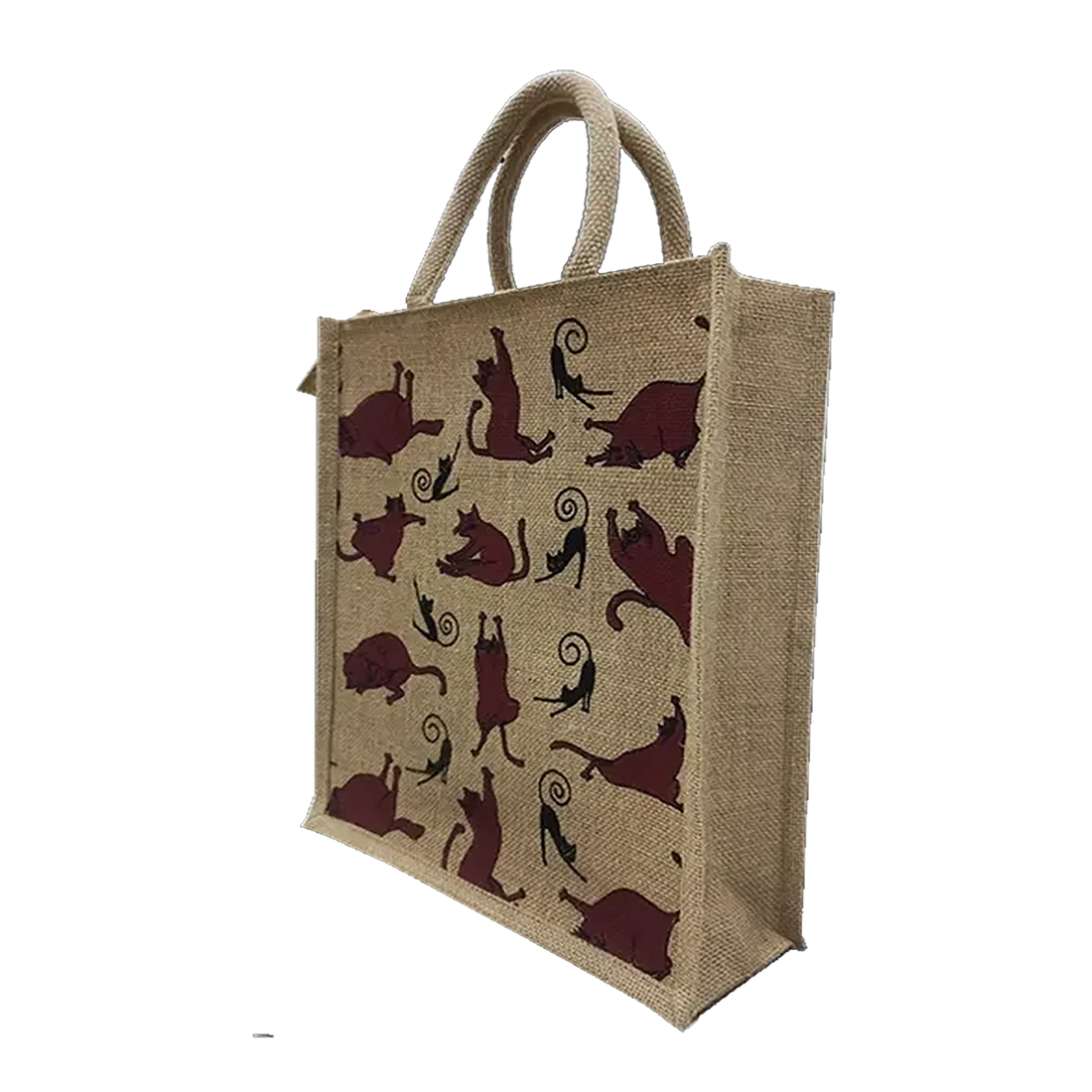 Jute hand bags with cat yoga motif silkscreen printing novation gift bags custom tote bag made in India  West Bengal