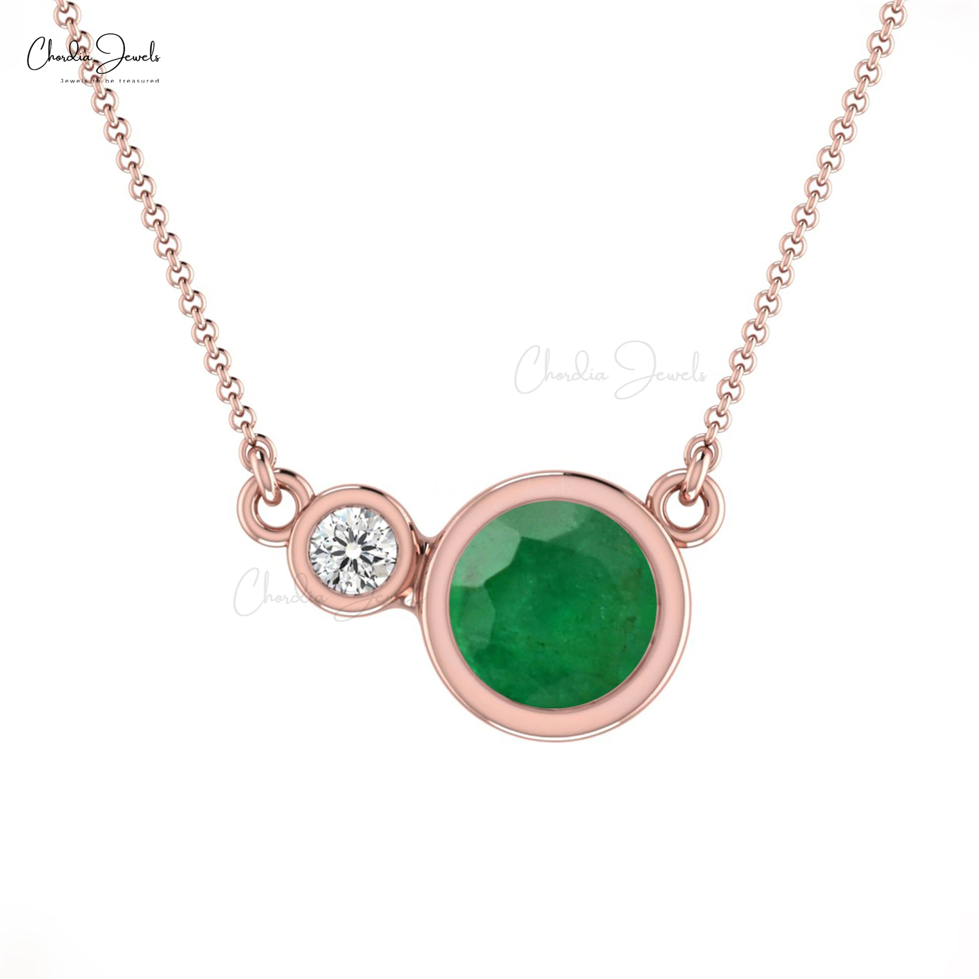 Newest Design Natural 5mm Emerald Gemstone Necklace 14K Real Gold Diamond Accented Necklace Bezel Set Necklace At Discount Price