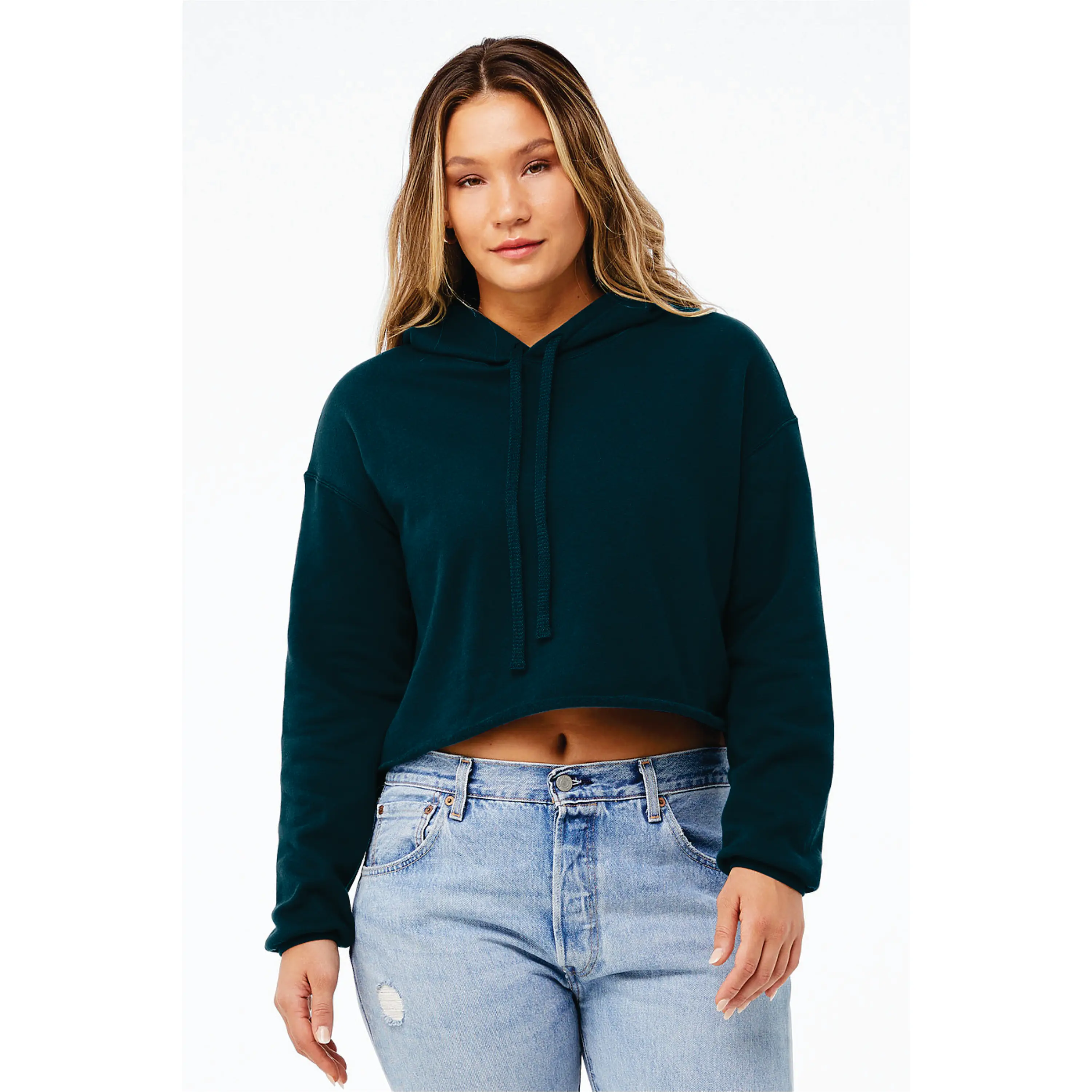 Raw Hem Dropped Shoulder 52% Airlume Combed and Ring Spun Cotton 48% Poly Fleece Atlantic Womens Cropped Fleece Hoodie