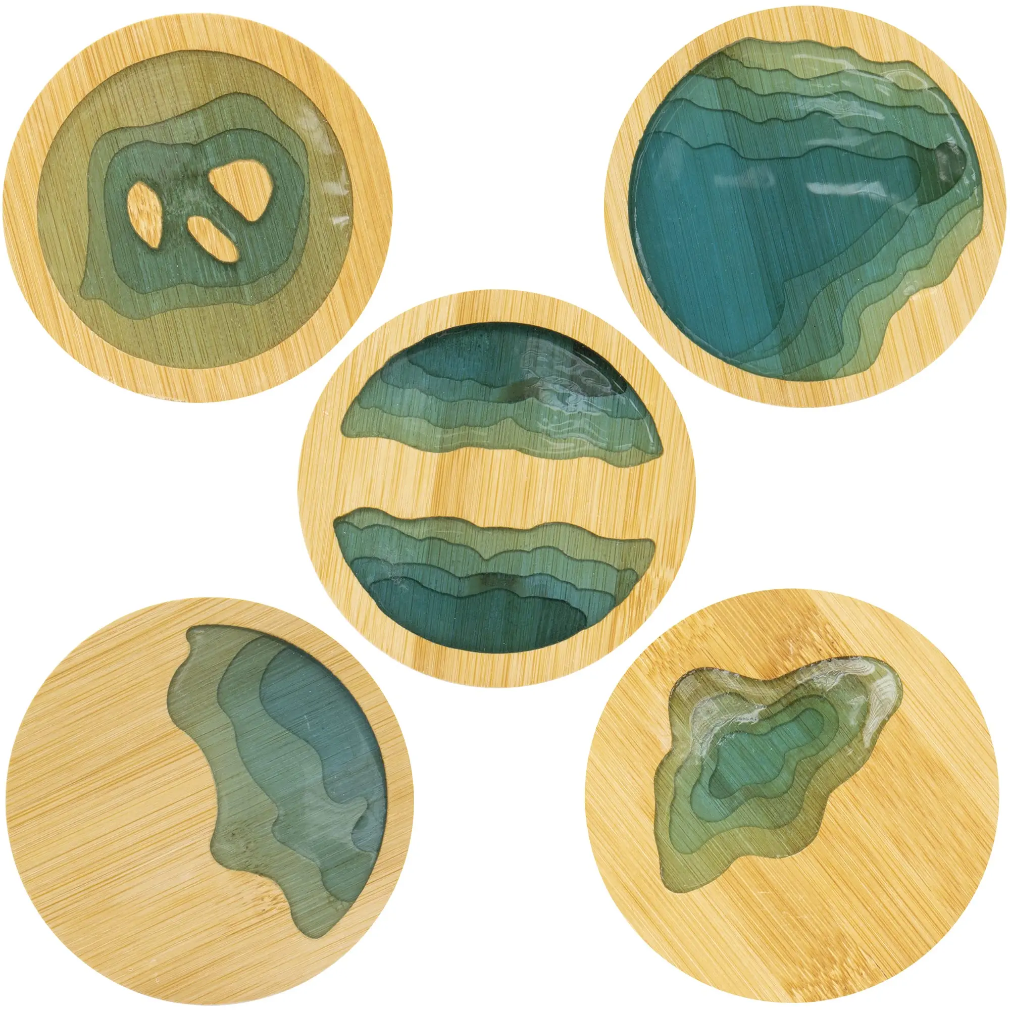 Newest Natural Eco friendly Custom Insulation Tea Coffee Cup Pad Round Ocean Wave Drink Mat Epoxy Resin and Bamboo Coasters