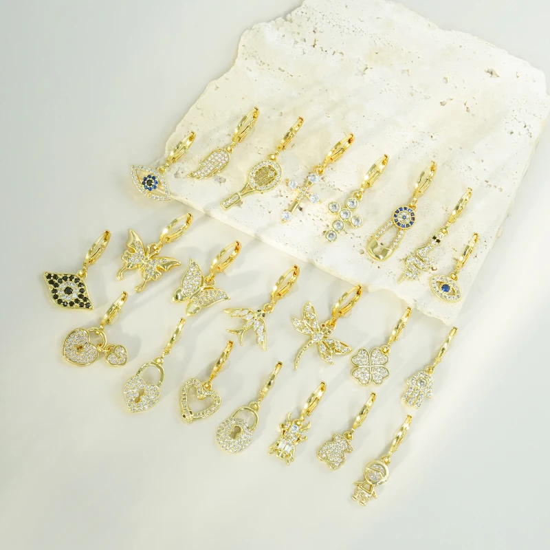 Fashion Jewelry Women Brass Hypoallergenic 18K Gold Plated CZ Zircon Huggie Hoop Drop Cross Star Moon Heart Butterfly Earrings