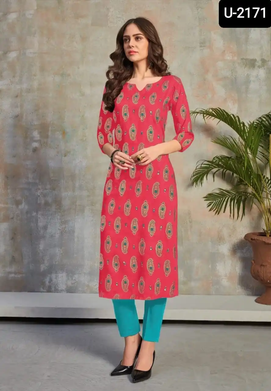 Indian Heavy Designer Style Heavy Rayon Foil Print Kurtis with Plus Size Available for Party Wear and Daily Casual Wear Kurtis