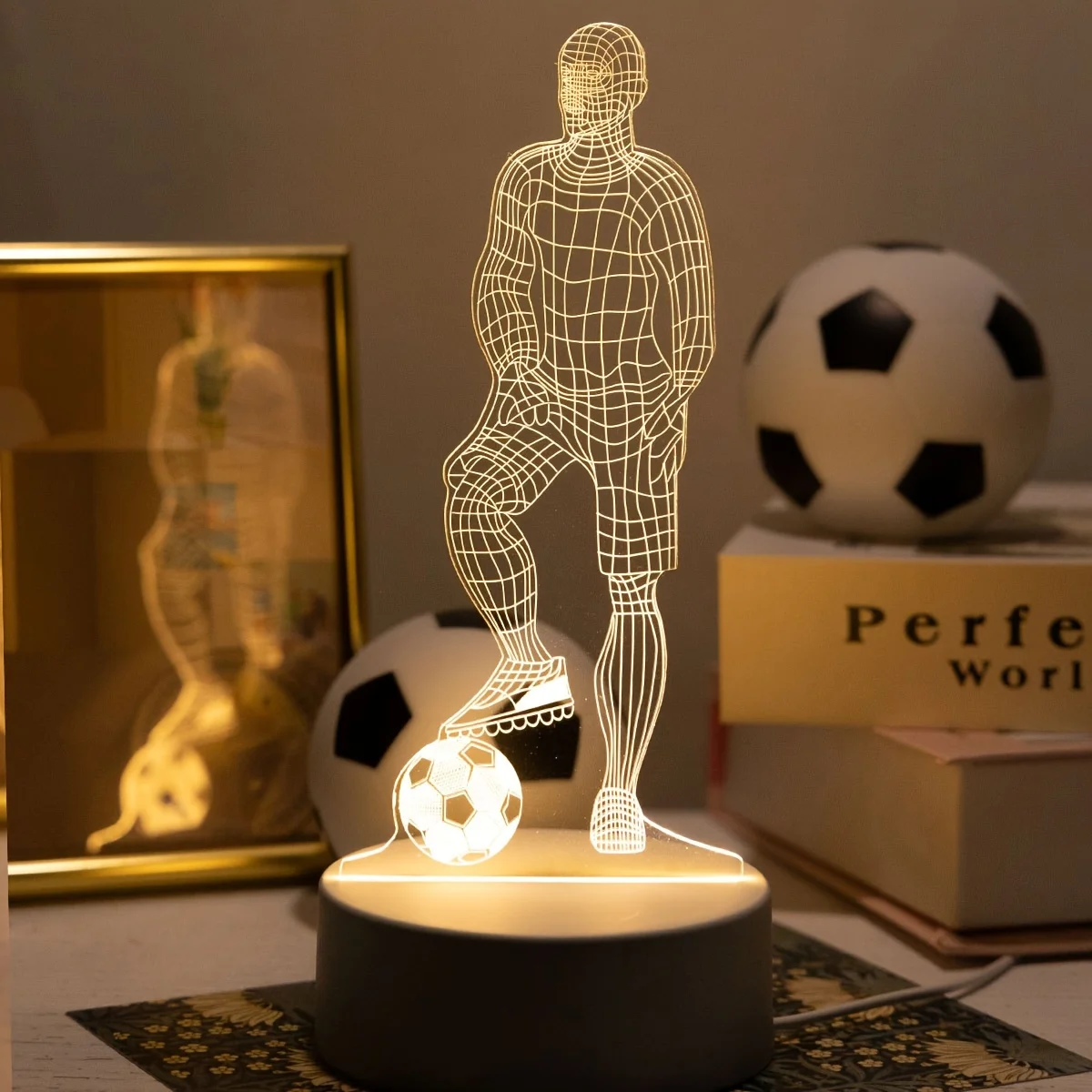 Football Player Shape Soccer Table Lamp with 3D Acrylic Plate USB Indoor LED Night Light for Bedroom Bedside Decoration