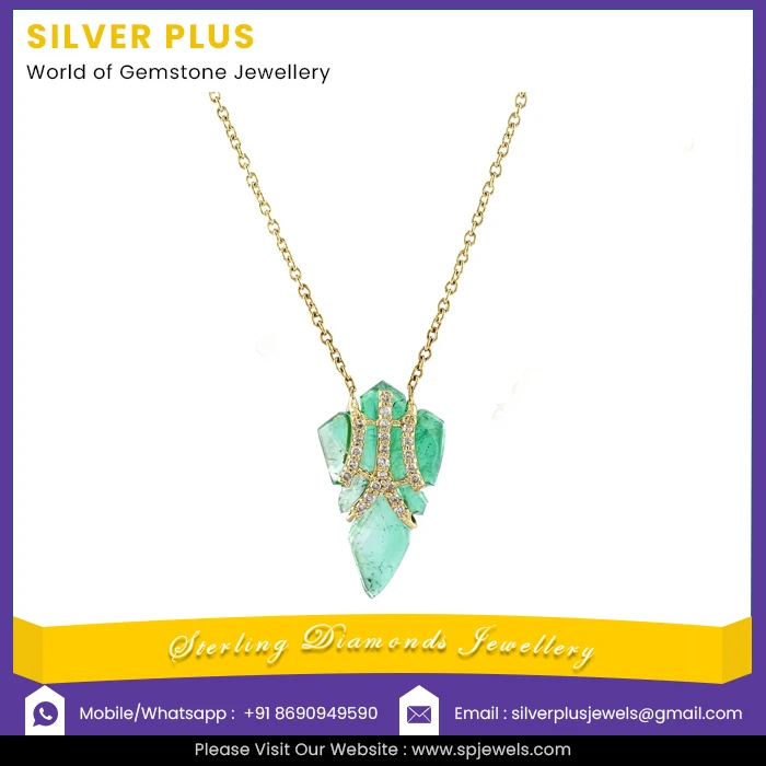 Hot Sale Green Leaf Symbolic Design Natural Emerald Gemstone 18k Solid Gold Diamond Pendant Link Chain Charming Necklace Jewelry