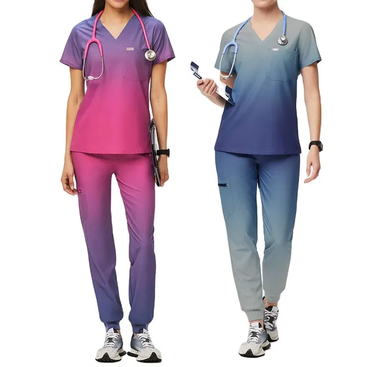 High quality gradient V-neck one pocket hospital uniforms medical scrubs nurse jogging suit beauty salon uniformes de hospital