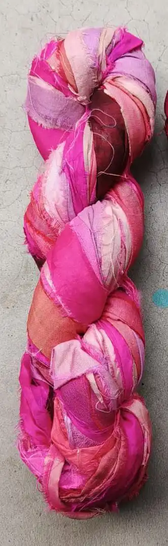 custom made sari silk ribbon yarns in assorted colors made from recycled sari silk fabrics in 100 gram skeins