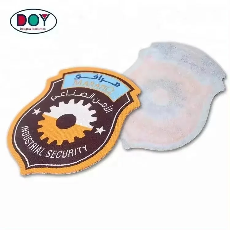 Uniform Clothing Weaving Labels Wholesale Custom Shield Shape Logo Self Adhesive Woven Patches for Garment