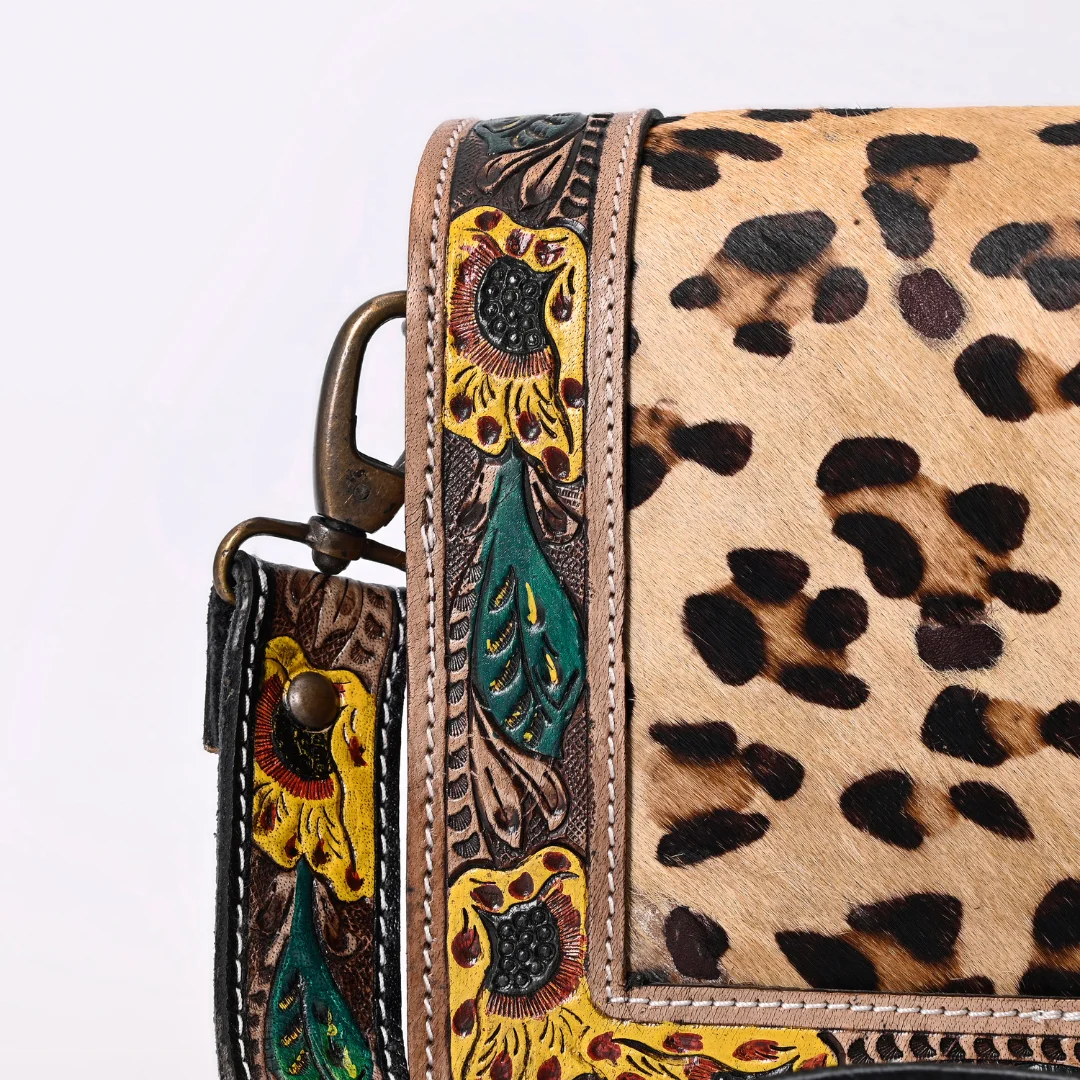 Cowhide Leather Messenger Bag Sunflower and Leaf Hand Tooling Shoulder Tote and Sling Styles Multiple Pocket Magnet on Flap